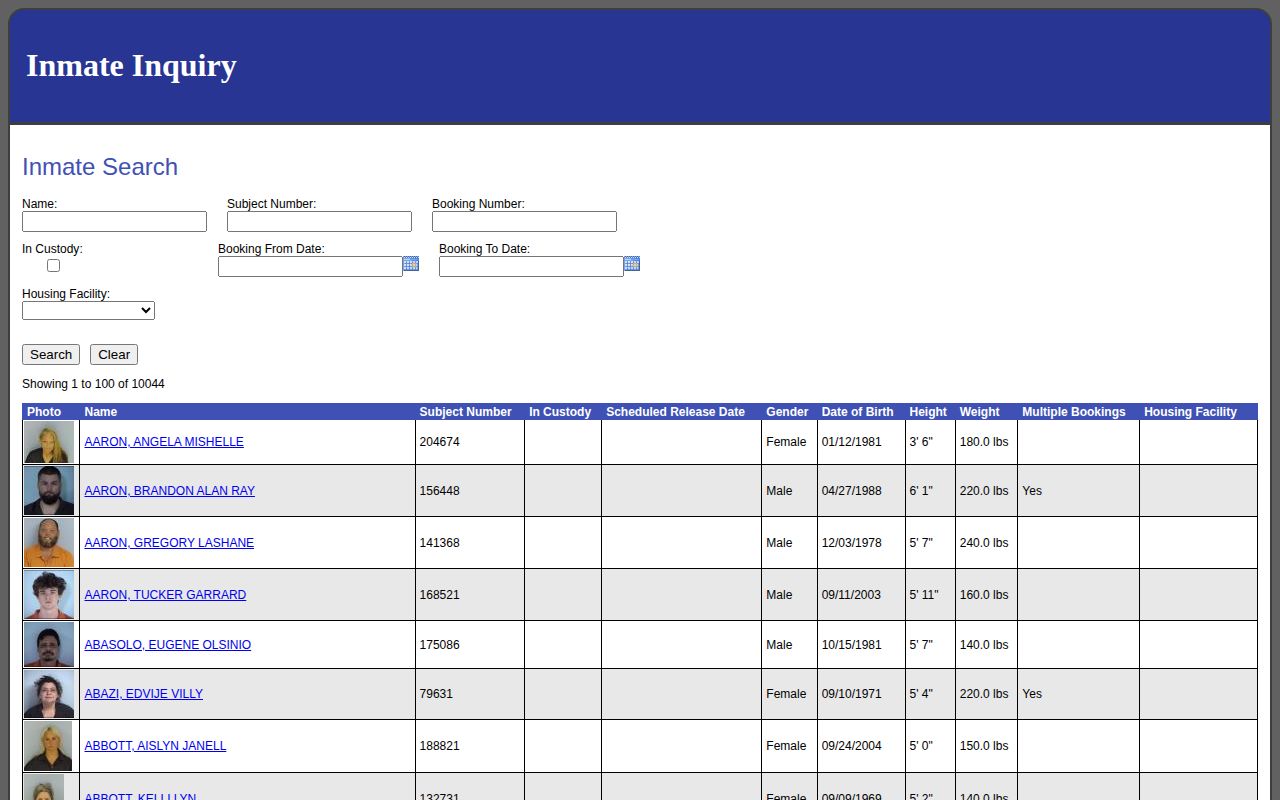 Walton County prior-booking inmate inquiry with current custody cleared