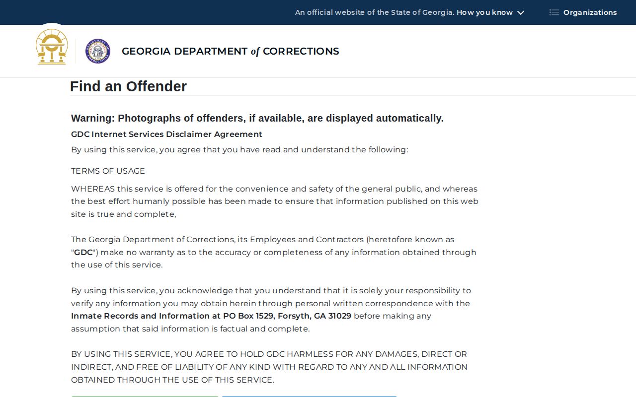 Georgia Department of Corrections offender query for active and inactive records