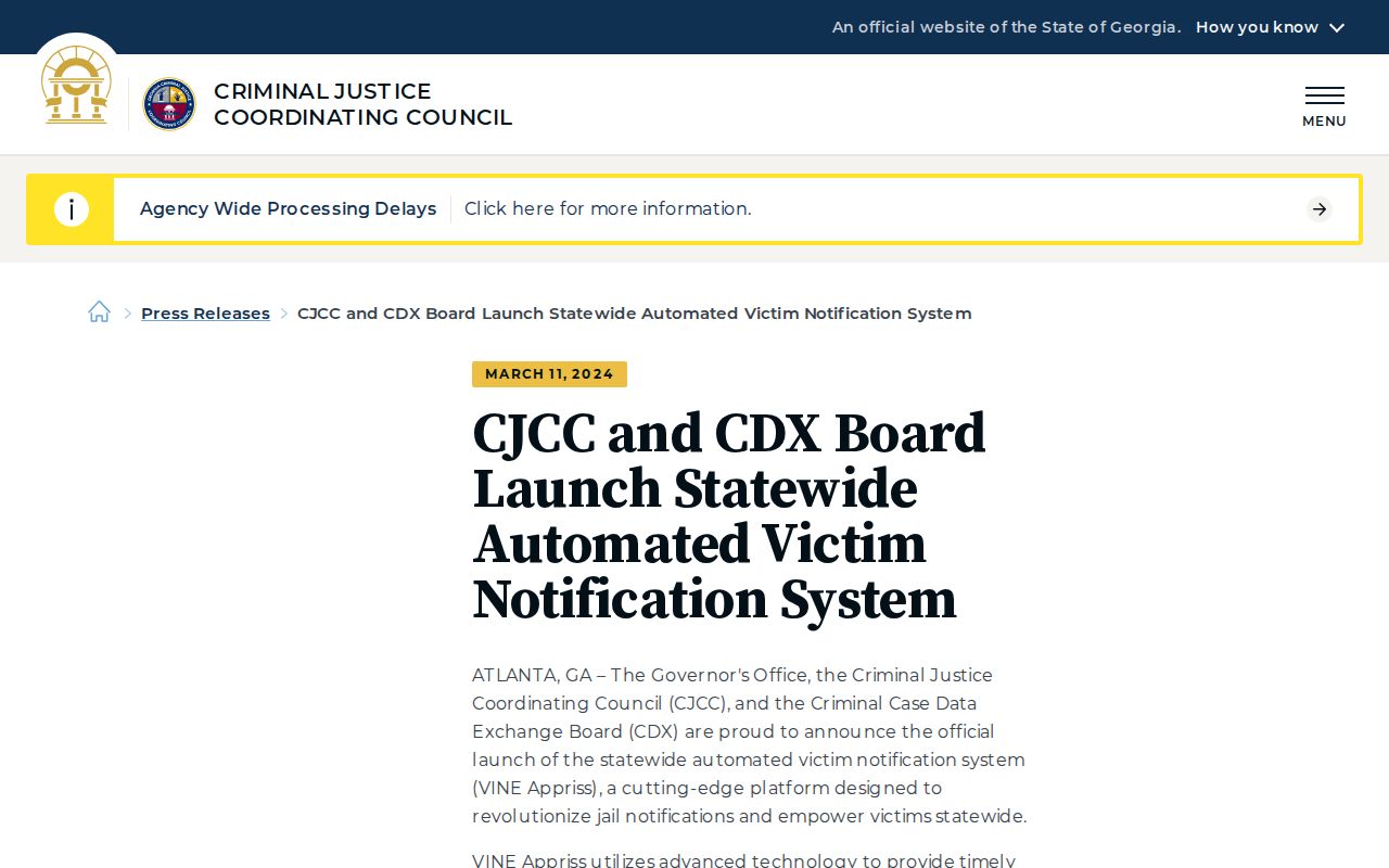 Georgia statewide automated VINE notification announcement